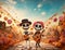 Musical Skeleton Duo: Day of the Dead Serenade Amidst Autumn Vibes