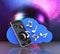 Musical smartphone Mobile phone music app Cellphone and loudspeakers with cloud Concept of cloud storage on disco ball background