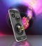 Musical smartphone Mobile phone music app Cellphone and loudspeakers with notes on disco ball background 3d
