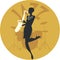 Musical style. Jazz. Silhouette of flapper girl playing saxophone and drums in the background