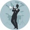 Musical style. Jazz. Silhouette of trumpeter and drums in the background
