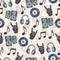 Musical vector background, music accessories seamless pattern