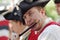 Musician dressed in old-fashioned clothes with a trumpet at the festival `Times and epochs` in Moscow