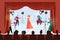 Musician group concert vector illustration. People performance with instrument music, playing on cartoon stage with