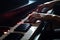 Musician hands on piano keyboard. Classical music instrument. Generative AI