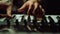 Musician making music in dark hall Man hands pressing keys on piano indoor.