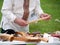 Musician man plying sopilka ethnic woodwind musical flute family instrument. Music festival in Lviv, Ukraine May 14 2022