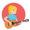 Musician playing guitar. Blonde girl guitarist is inspired to play a classical musical instrument. Vector illustration