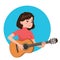 Musician playing guitar. Girl guitarist is inspired to play a classical musical instrument. Vector illustration in flat
