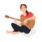 Musician playing guitar. Happy young woman guitarist with musical acoustic instrument. Modern creative relaxed music player.