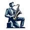 Musician playing saxophone, music player performing solo, holding sax instrument in hands, man saxophonist, jazz and blues