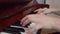 Musician plays classical composition on piano with two hands, side view, closeup. Student learns to play musical