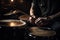 Musician plays drums, drummer on dark background. Generative AI