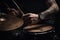 Musician plays drums, drummer on dark background. Generative AI