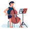 Musician practicing on cello. Person playing on wooden music instrument