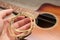 The musician replace the new guitar strings. The man\'s hand holding new music strings. Music theme