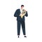 Musician in suit and bow performing classic melody on French horn. Instrumentalist playing music on brass instrument