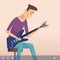 Musician tv show. Live stream, guy teaching guitar playing. Blogger or composer, online video music vector illustration