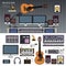 Musician workspace with musical instruments, sound recording studio