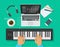 Musician workspace studio vector illustration, flat cartoon person playing midi piano keyboard, compose electronic music