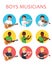 Musicians boys is inspired to play different musical instruments. Violinist, flutist, guitarist. Vector illustration in