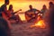 Musicians at the guitar over a campfire at dusk at the beach. Generative AI