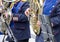 Musicians playing tuba in street orchestra