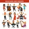 Musicians rock, jazz and orchestra band singers, musical instruments vector flat icons