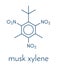 Musk xylene molecule. Highly persistent and bioaccumulative pollutant used as a synthetic musk fragrance. Skeletal formula.