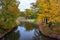 Muskau Park and Neisse river at autumn morning. German-Polish border