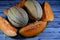 Muskmelon, Cucumis melo or melon, a species of Cucumis that has been developed into many cultivated varieties. The fruit is a pepo