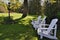 Muskoka chairs on the front yard of a tourist resort in Ontario, Canada