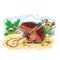 Muskrat draws something with a stick on the sand, and other animals peep at her from the bushes, cartoon illustration, vector