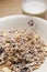 Musli cereal and milk kitchen table