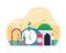 Muslim activity waiting for iftar time in ramadan month tiny people vector flat illustration concept with mosque and asia arabic