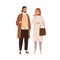 Muslim Arab man and woman in modern outfits. Saudi Arabian couple portrait of female in hijab and sneakers and male in