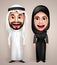 Muslim arab man and woman vector character wearing arabic traditional abaya