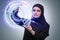 The muslim arab woman pressing virtual buttons