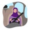 Muslim Arab woman in traditional purple hijab with a safety belt driving a car. Vector illustration in flat cartoon