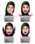 Muslim arab woman vector characters set working with laptop wearing hijab