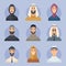 Muslim avatars. Arabic male and female characters front view portraits faces vector east people