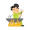 muslim boy cooking and stirring pot. Vector illustration decorative design