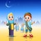 Muslim boy and girl cartoon holding lantern