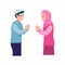Muslim boy and girl greeting to each other in ramadan muslim tradition flat illustration vector isolated in white background