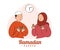 Muslim boy and girl praying during ramadan month. Hand drawn style of islamic character, ramadan kareem greeting card