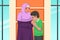 Muslim Boy Kissing Her Mother Hand Illustration