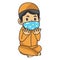 Muslim boy use orange shirt ,praying in iftar. ramadan night, using mask and healthy protocol.Character illustration