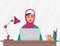 Muslim business pretty woman in traditional clothing working on laptop. Arabian female Vector illustration.