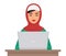 Muslim business pretty woman in traditional clothing working on laptop . Arabian female Vector illustration.