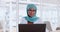 Muslim business woman, focus and working at laptop, email and communication with thinking and technology. Worker in